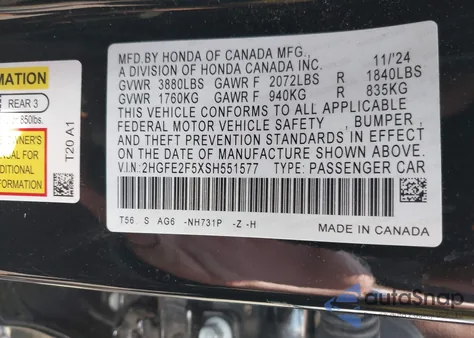 2025 Honda Civic Sport из США, поврежденный, VIN 2HGFE2F5XSH551577